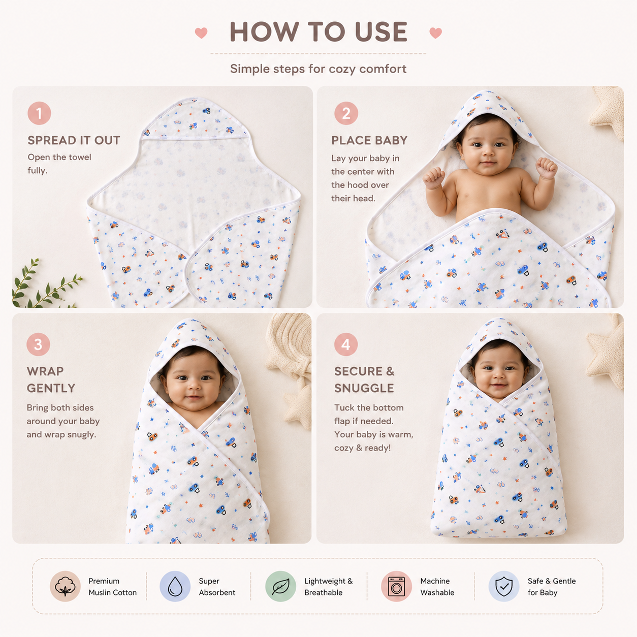 Soft Muslin Hooded Bath Towel for Newborns & Infants (0–6 Months)