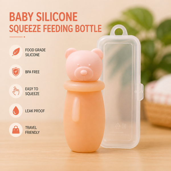 Premium Baby Silicone Squeeze Feeding Bottle with Bear Cap | BPA Free | Leakproof | Travel Friendly