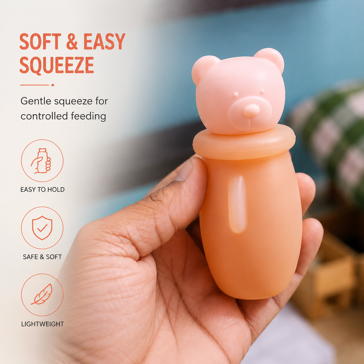 Premium Baby Silicone Squeeze Feeding Bottle with Bear Cap | BPA Free | Leakproof | Travel Friendly