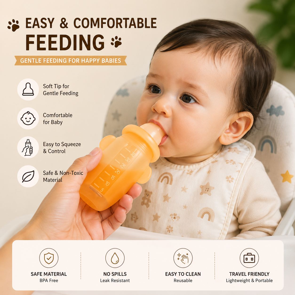 Premium Baby Silicone Squeeze Feeding Bottle with Bear Cap | BPA Free | Leakproof | Travel Friendly