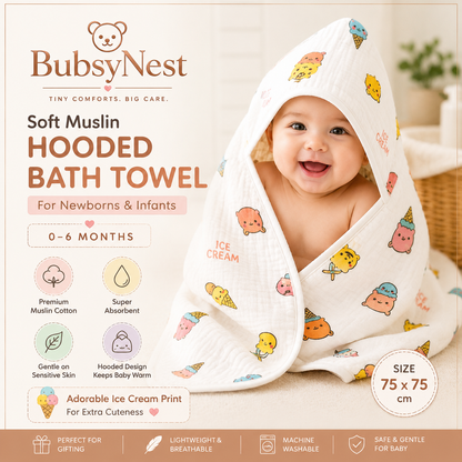 Soft Muslin Hooded Bath Towel for Newborns & Infants (0–6 Months)