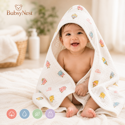 Soft Muslin Hooded Bath Towel for Newborns & Infants (0–6 Months)