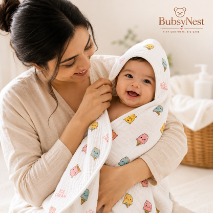Soft Muslin Hooded Bath Towel for Newborns & Infants (0–6 Months)