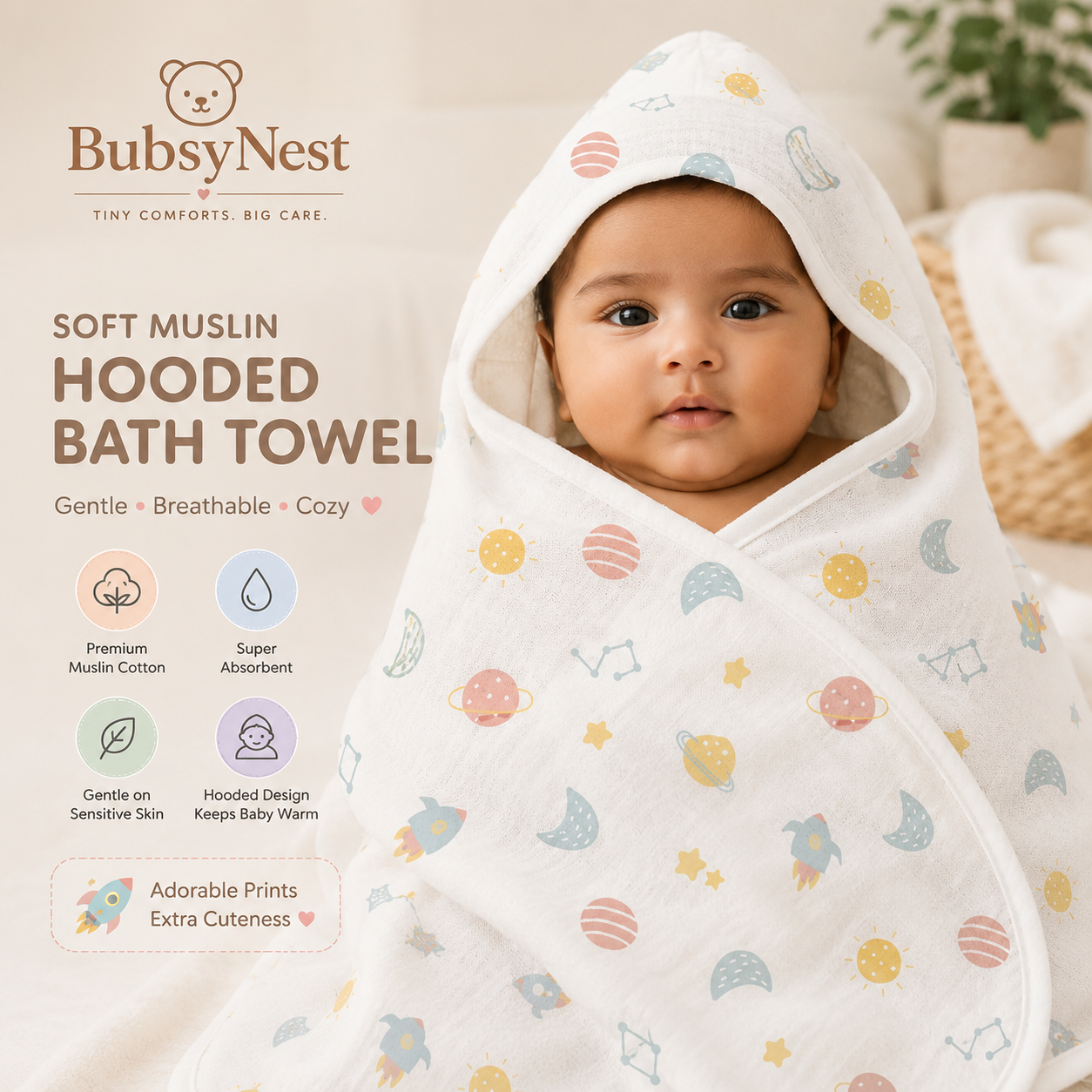 Soft Muslin Hooded Bath Towel for Newborns & Infants (0–6 Months)