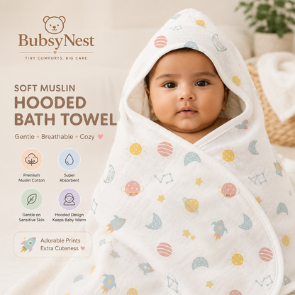Soft Muslin Hooded Bath Towel for Newborns & Infants (0–6 Months)