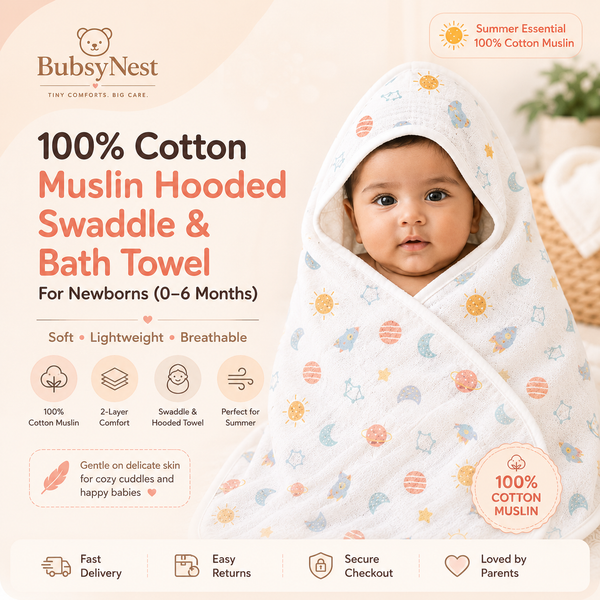 100% Cotton Muslin Hooded Swaddle & Bath Towel (0-6 months)
