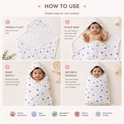 Soft Muslin Hooded Bath Towel for Newborns & Infants (0–6 Months)