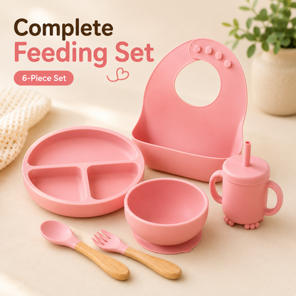 6-Piece Silicone Baby Feeding Set for 6-36 Months | Bib, Plate, Bowl, Cup, Spoon & Fork