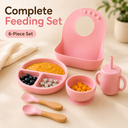 6-Piece Silicone Baby Feeding Set for 6-36 Months | Bib, Plate, Bowl, Cup, Spoon & Fork