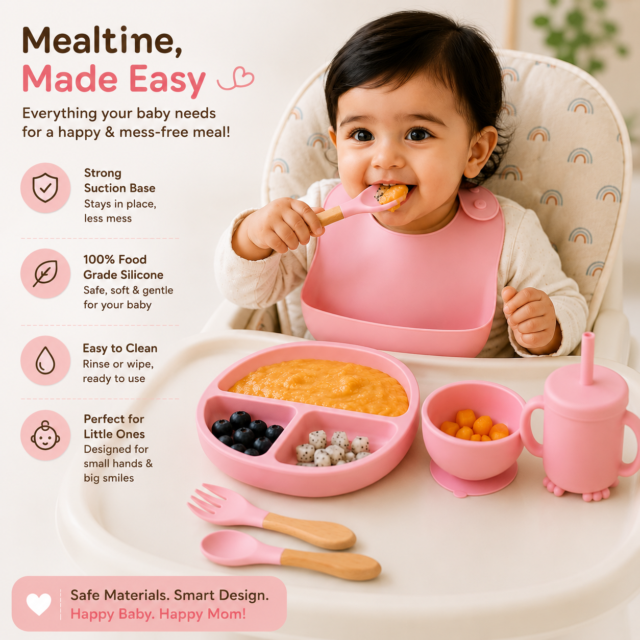 6-Piece Silicone Baby Feeding Set for 6-36 Months | Bib, Plate, Bowl, Cup, Spoon & Fork