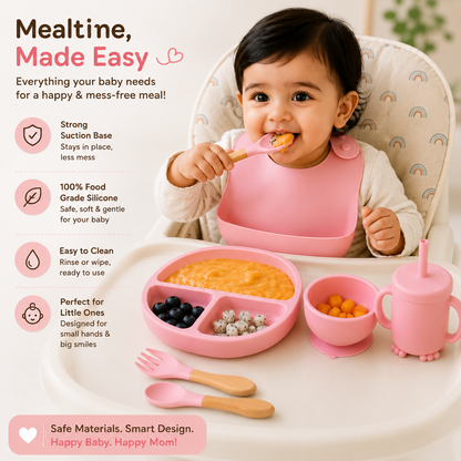 6-Piece Silicone Baby Feeding Set for 6-36 Months | Bib, Plate, Bowl, Cup, Spoon & Fork