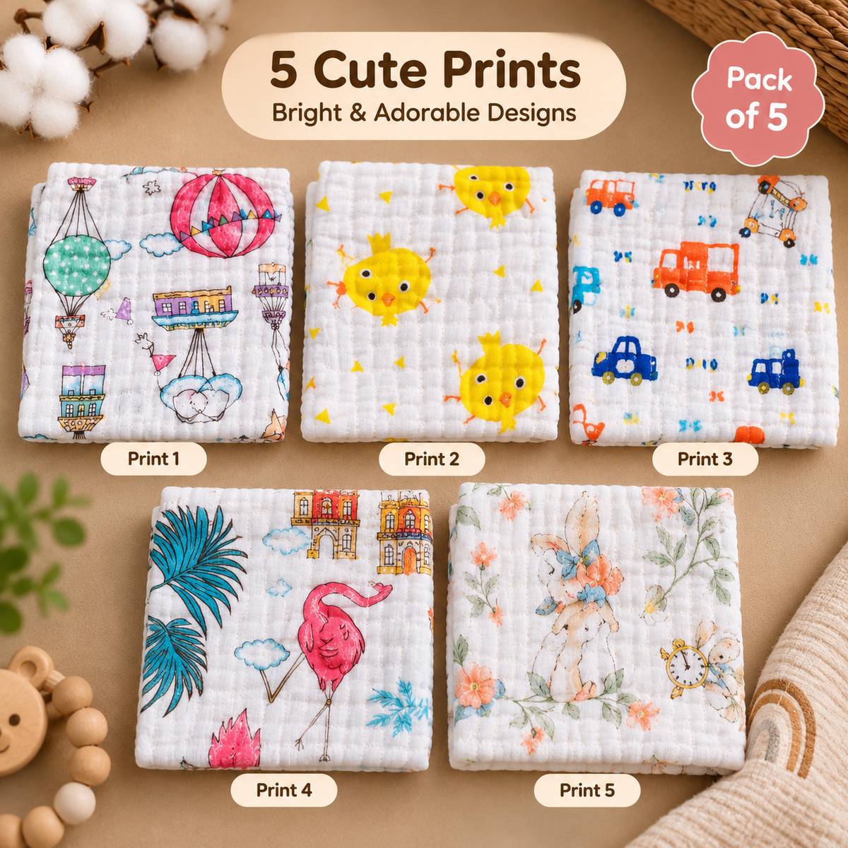 BubsyNest Baby Muslin Face Towels, 100% Cotton, Pack of 5, 25 × 25 cm