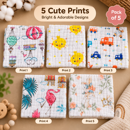 BubsyNest Baby Muslin Face Towels, 100% Cotton, Pack of 5, 25 × 25 cm