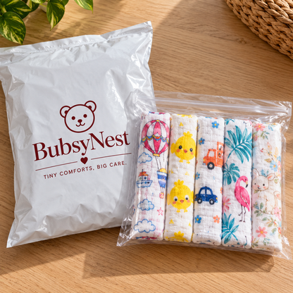 BubsyNest Baby Muslin Face Towels, 100% Cotton, Pack of 5, 25 × 25 cm