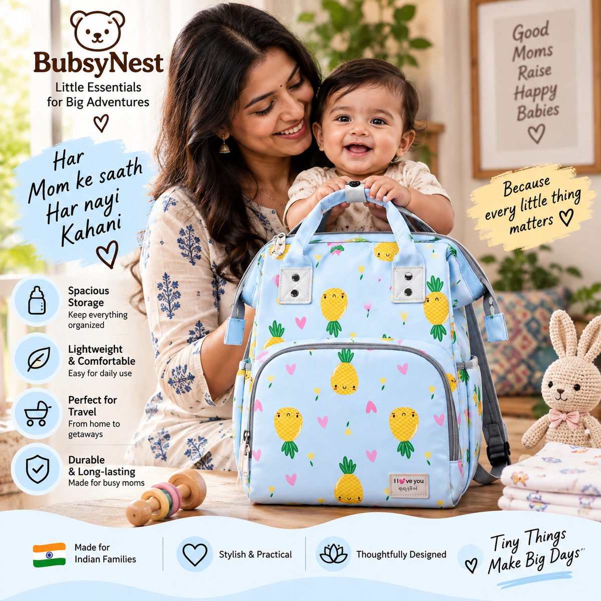BubsyNest Baby Diaper Bag Backpack | Premium Spacious Baby Essentials Organizer with Multiple Compartments