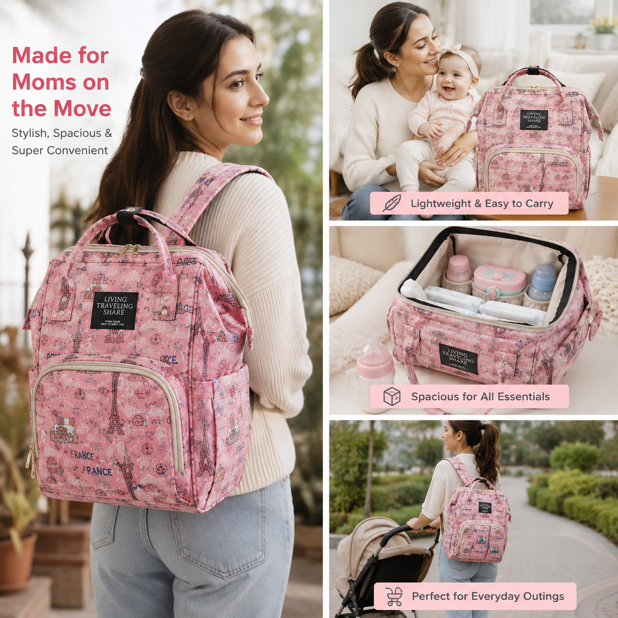 Multi-Function Diaper Bag Backpack for Moms | Waterproof Baby Travel Bag with Bottle Pockets