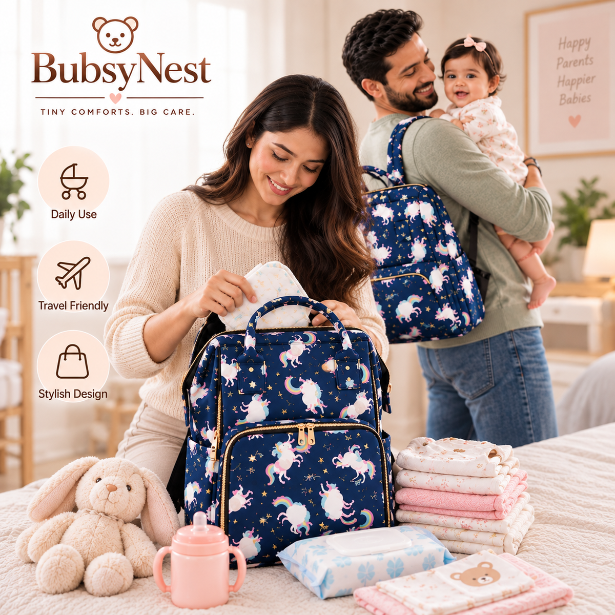 BubsyNest Mother & Baby Diaper Bag Backpack | Spacious Multi-Compartment Baby Organizer Bag for Travel & Daily Use