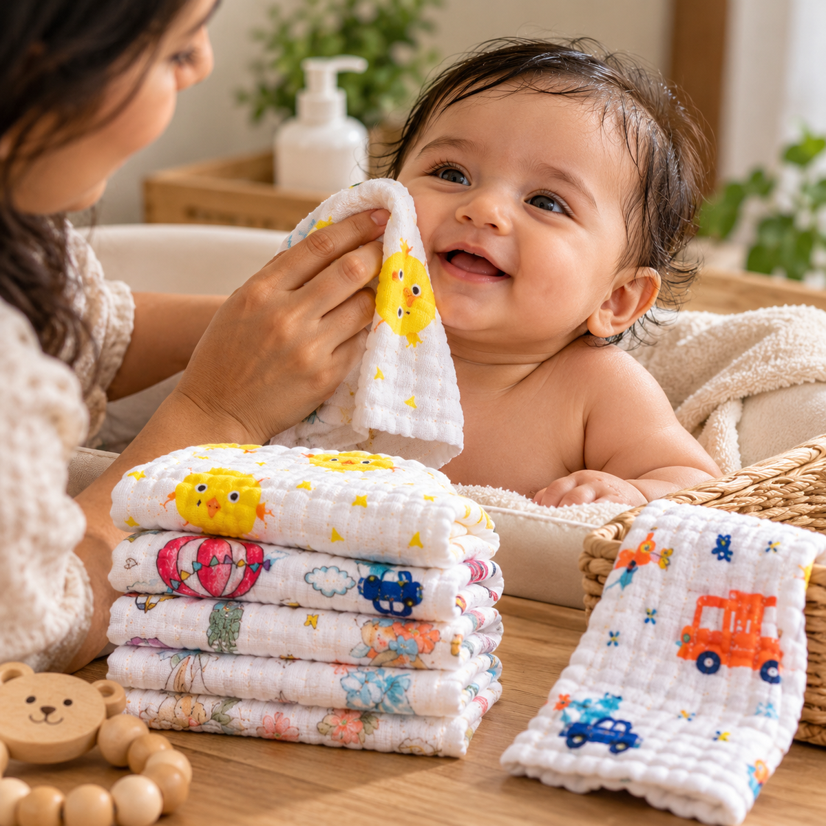 BubsyNest Baby Muslin Face Towels, 100% Cotton, Pack of 5, 25 × 25 cm