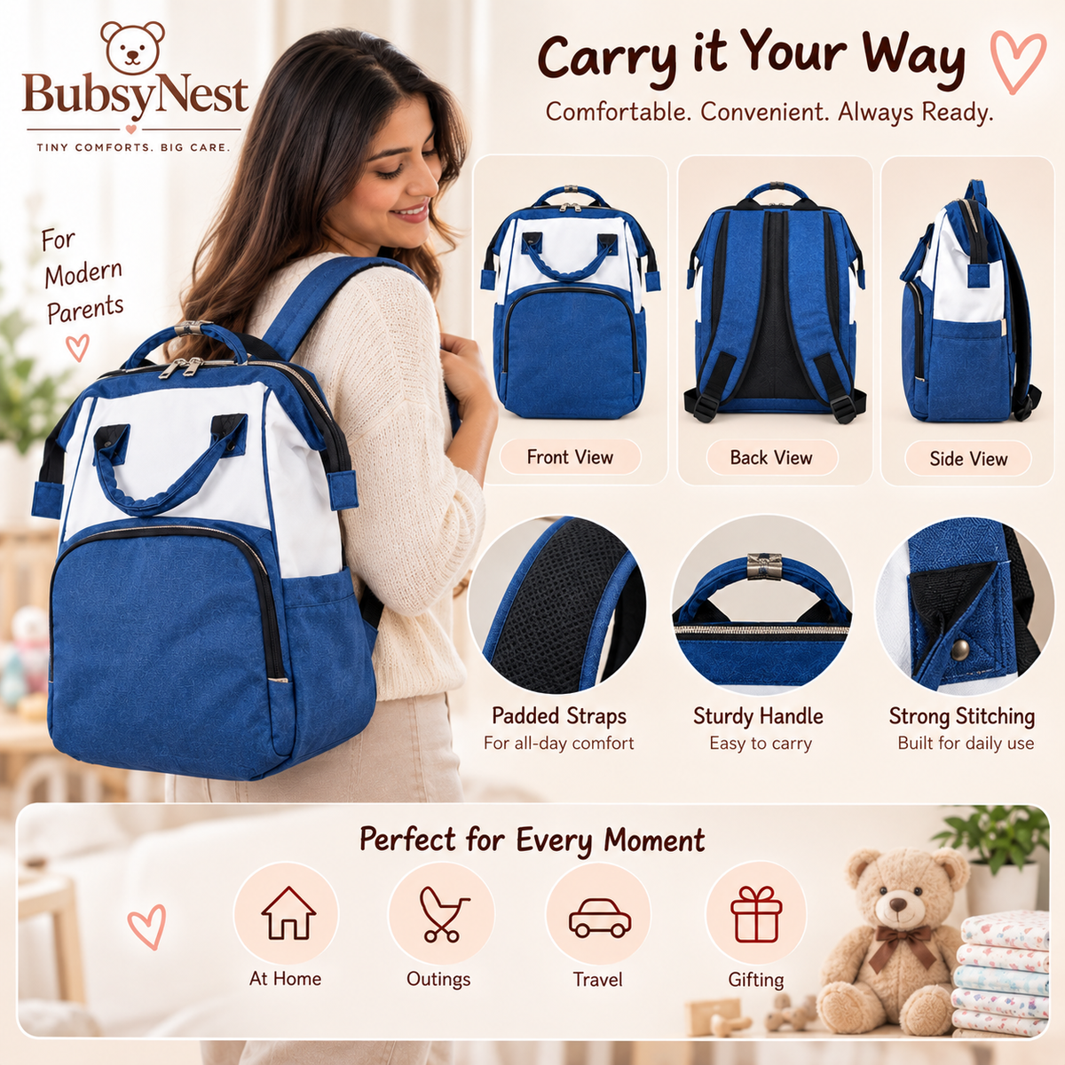 BubsyNest Mother & Baby Diaper Bag Backpack | Spacious Multi-Compartment Baby Organizer Bag for Travel & Daily Use