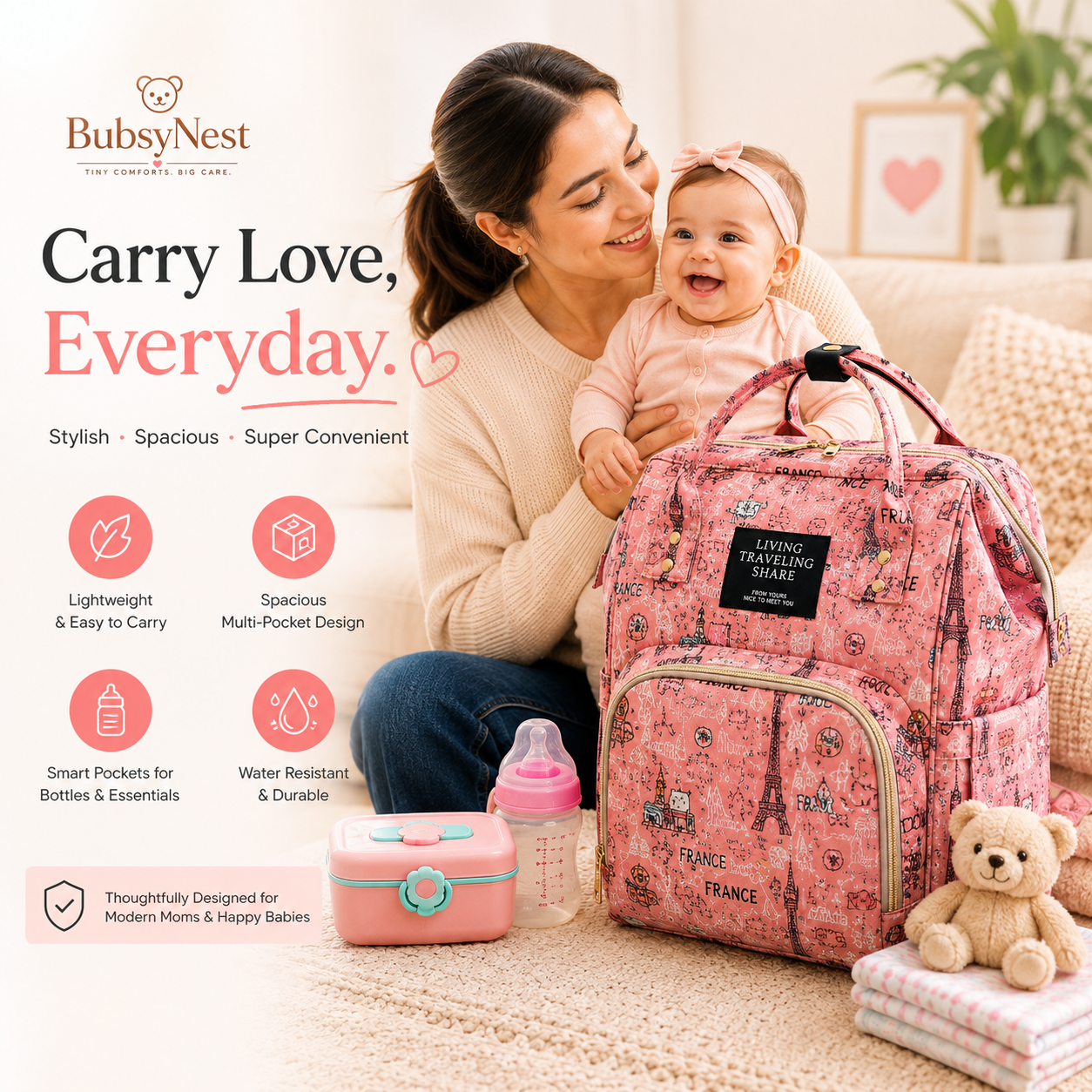 Multi-Function Diaper Bag Backpack for Moms | Waterproof Baby Travel Bag with Bottle Pockets