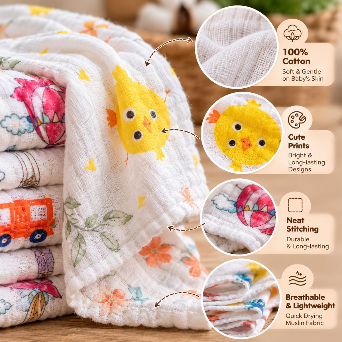 BubsyNest Baby Muslin Face Towels, 100% Cotton, Pack of 5, 25 × 25 cm