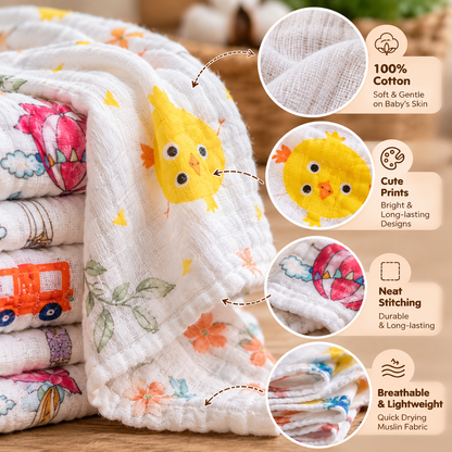 BubsyNest Baby Muslin Face Towels, 100% Cotton, Pack of 5, 25 × 25 cm